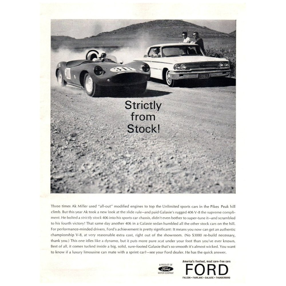 1963 Ford Galaxie 406 Strictly from Stock Vintage Print Ad Pikes Peak Hill Climb